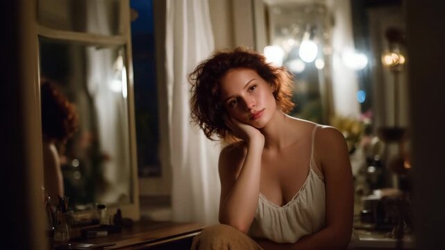 All the feels in a late-night reflection scene, mirror catching soft light and thoughtful posture