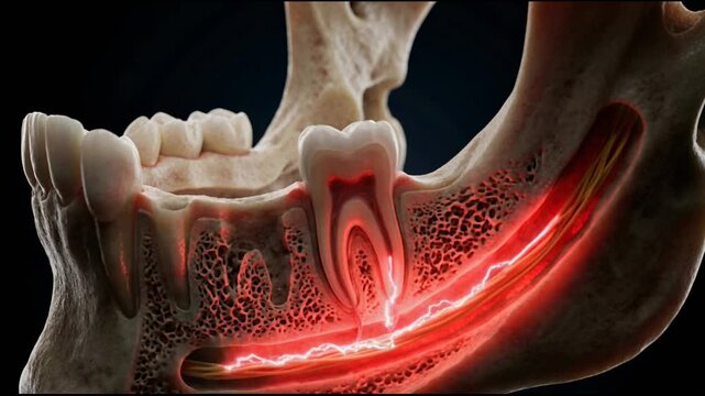 3D Animation of Severe Dental Pain and Nerve Inflammation in Jaw Anatomy Highlighting Toothache and Oral Health