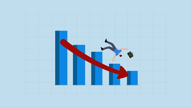 Stock market plunged falling down, 4k animation of Businessman investor falls to the ground after slipping on stock market grap