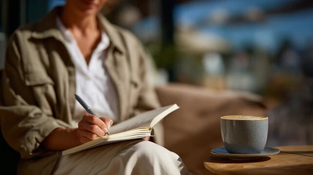 All the feels in a quiet caf&eacute; corner, person journaling beside a cup of coffee, soft shadows, atmosphere of self-reflection and emotional processing