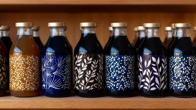 Artisanal kombucha bottles on wooden shelf display, soft backlighting illuminating decorative glass containers, traditional fermented tea showcased as a premium craft probiotic bev