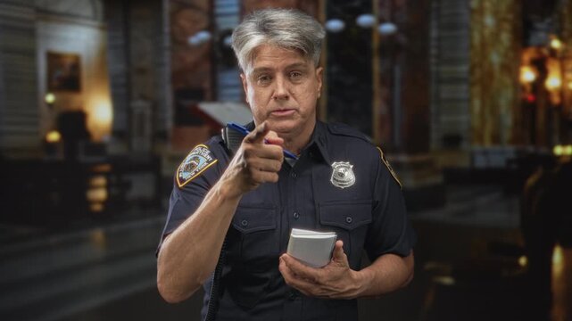 Man police officer pointing finger while holding notepad and pen in building interior with badge visible; stern duty.