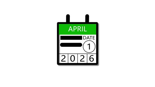 1 April 2026 Calendar Animation with clock icon. Perfect for countdown videos, on a black background. and stunning 4k animation .