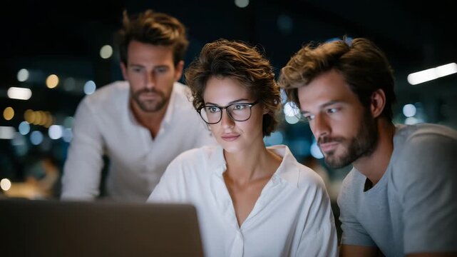 Connectioneering in a startup office late at night, small team gathered around a laptop, shared vision and collective problem-solving emphasized