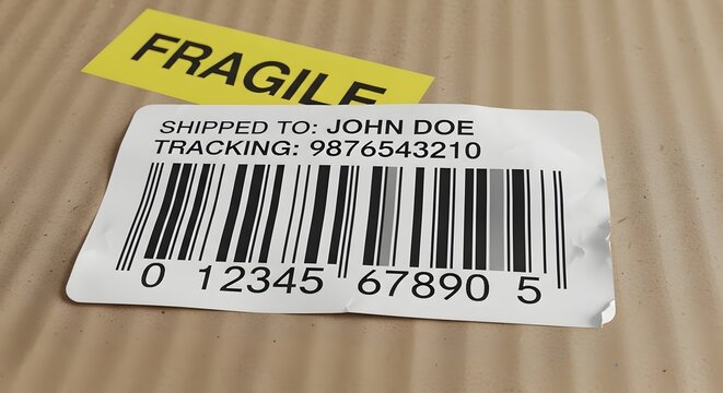 Fragile shipping label with barcode and tracking number on cardboard box surface