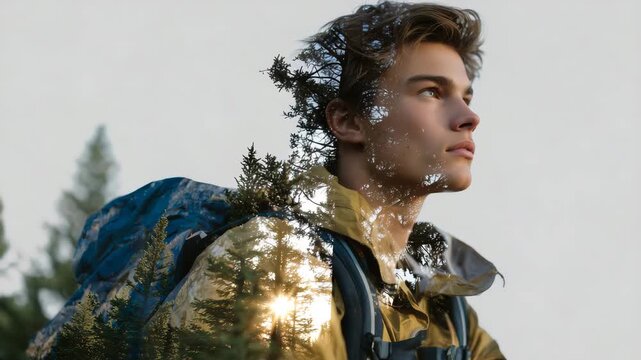 Double exposure of a young man&rsquo;s profile merged with tall pine trees and mountain forest, sunlight highlighting leaves, backpack subtly visible, outdoor adventure and lifestyle con
