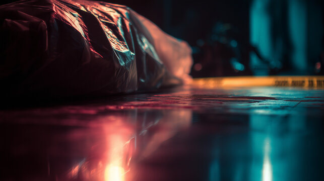 Crime scene with a body covered in plastic sheet, forensic investigation concept, dark dramatic atmosphere, police case documentation, mystery and suspense theme