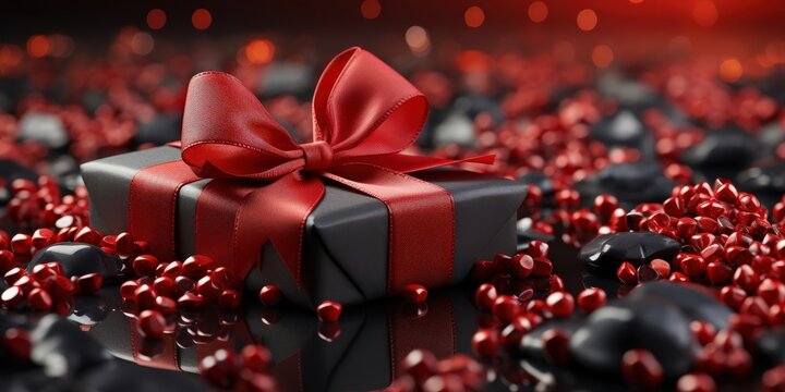 A luxurious black gift box tied with a vibrant red ribbon, nestled amidst a field of crimson and black stones, creating a captivating contrast of colors and textures.