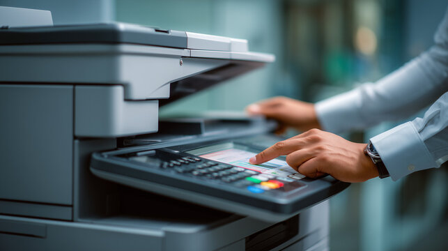 Office worker operating modern multifunction photocopier, printing and scanning documents in a professional workplace with corporate productivity.