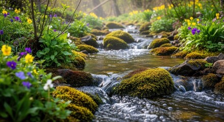 Obraz premium Lush forest stream with vibrant spring wildflowers and moss-covered rocks