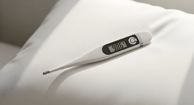 Digital thermometer showing normal body temperature 98.6 degrees Fahrenheit on soft pillow
