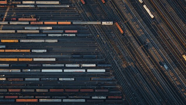 Aerial View of Train Yard with Cargo Containers and Railway Tracks