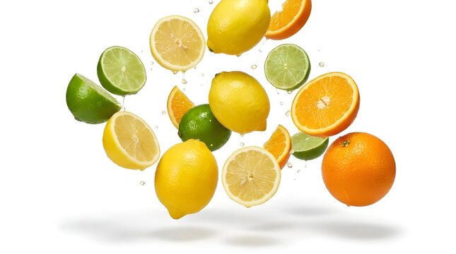 A colorful arrangement of citrus fruits floating in mid-air against a white background