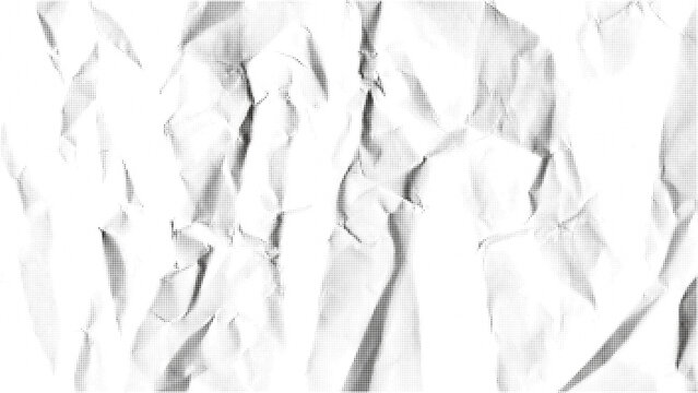 Abstract crumpled paper halftone texture monochrome background. Wrinkled dotted surface with organic folds, for modern posters, packaging, editorial layouts and artistic graphic design.