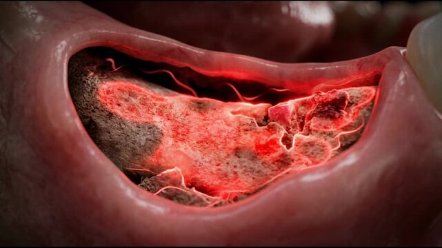 Detailed 3D animation of a jawbone showing severe inflammation or infection, crucial for dental surgery and dentistry education