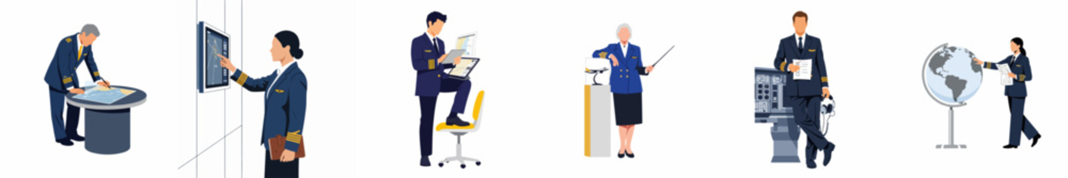 Flat vector illustrations of airline pilots in uniform performing various professional duties, including flight planning, navigation, training, and checking cockpit systems.