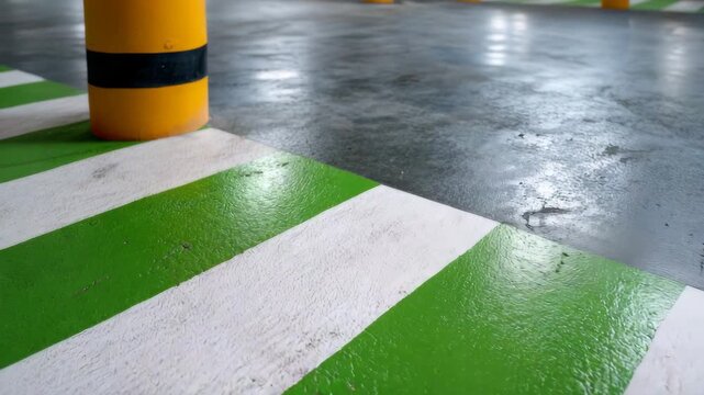 High-detail close-up of green painted parking zone boundaries on smooth garage flooring, subtle surface wear, controlled reflections, precision marking for organized vehicle flow