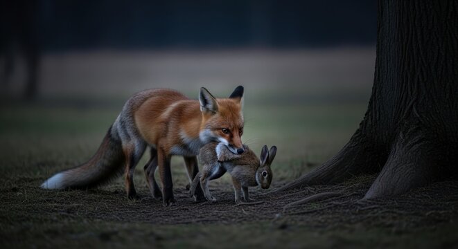 A red fox carrying a rabbit through a natural landscape.