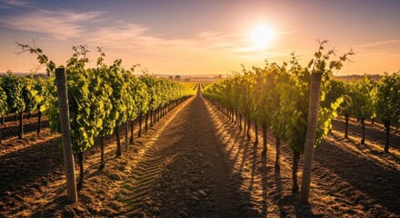 Fototapeta premium Golden hour illuminates rows of grapevines in a picturesque vineyard landscape.