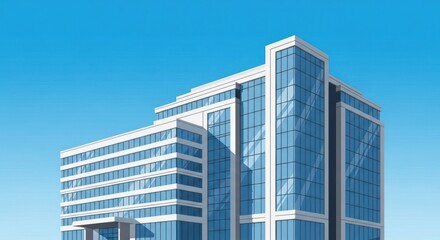 Fototapeta premium Modern Office Building with Glass Facade Under Blue Sky