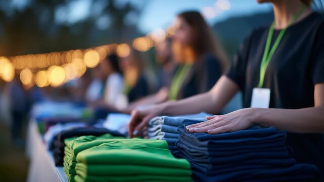 Low-angle view of donation tables covered with folded clothes as volunteers work together, gentle motion blur of hands, warm ambient lighting, sense of productivity and empathy, co