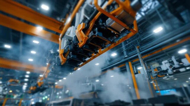 Low-angle view of robotic spray painting equipment inside a modern factory, metal components passing overhead, precise paint application, dramatic lighting, industrial automation s