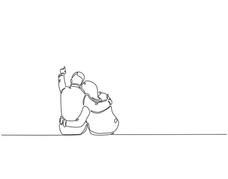 Continuous one line drawing of couple sit pointing at the sky. One line drawing illustration of couple hugging. Thinking and planning concept single line. Editable outline