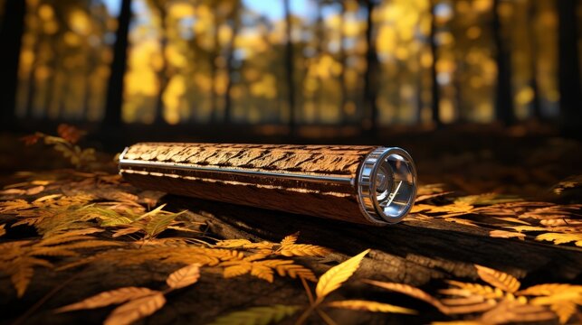 A sleek, metallic flashlight with a wood-grain texture sits on a fallen log in an autumn forest.