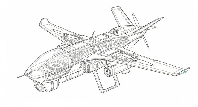 Detailed technical illustration of a twin-engine aircraft with visible internal components.