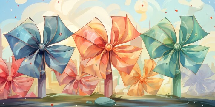A whimsical illustration of colorful pinwheels standing tall against a light blue sky with white clouds and scattered red stars.