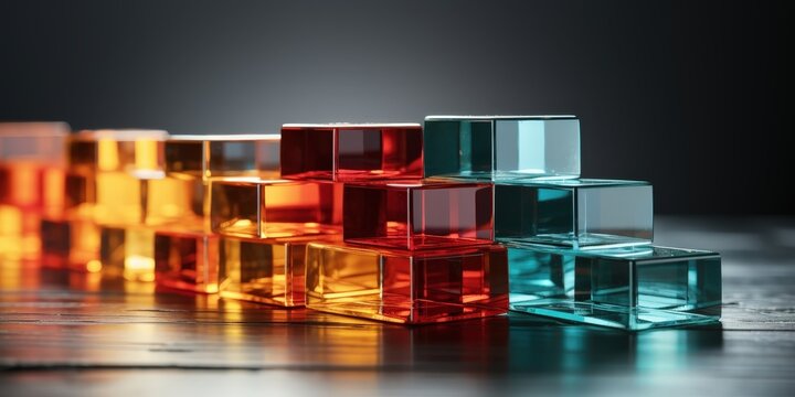 A symphony of color and form, with transparent glass blocks arranged in a tiered structure, casting vibrant reflections on a sleek, dark wooden surface.