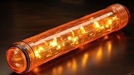 A close-up of a long, amber-colored glass tube filled with a string of incandescent lights, casting a warm glow on a dark surface.