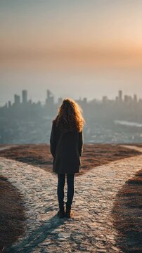 Young person standing at crossroads making life decision, future choices and personal growth concept	