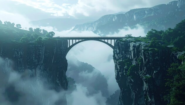 Majestic bridge spanning a deep gorge shrouded in mist.