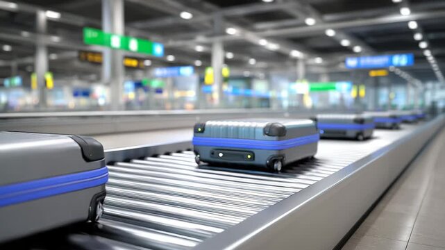 Modern airport logistics corridor with baggage conveyors guiding suitcases, organized routing, clean signage, contemporary materials, seamless transport workflow, infrastructure ef