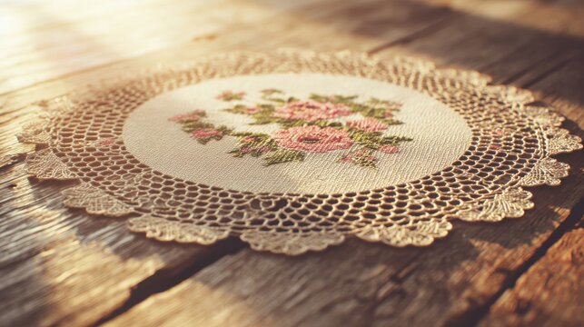 Intricate embroidered lace doily with delicate floral patterns rests on a weathered wooden surface