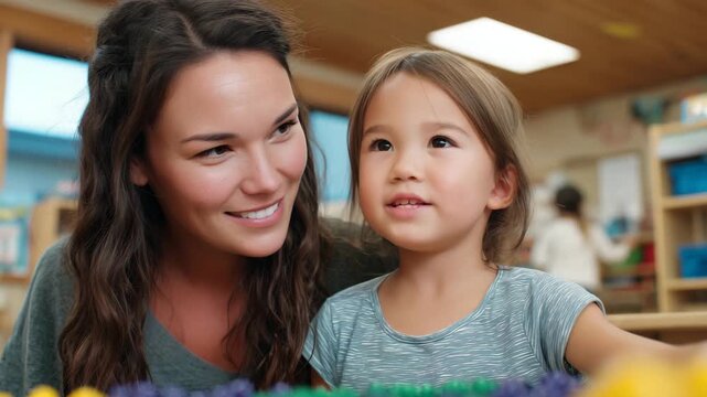 Mother gently guiding her young child during a learning activity in a bright early education center, colorful educational toys on tables, soft natural daylight, warm supportive atm