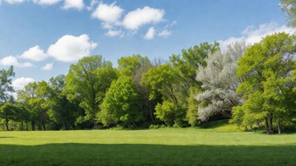 Fototapeta premium Green park meadow with dense trees under bright blue sky
