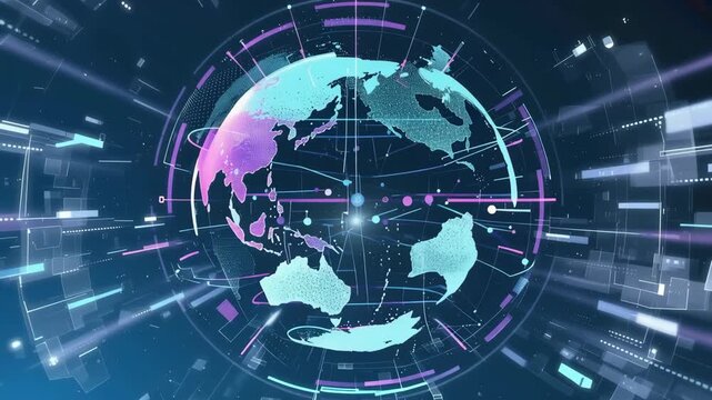Digital futuristic globe with global network data connections and technology concept in blue and purple colors