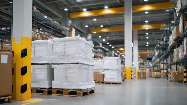 Perspective shot of a furniture distribution warehouse with white plastic-wrapped boxes, sofas and tables visible under wraps, tidy rows, wide aisles, bright ceiling lights highlig