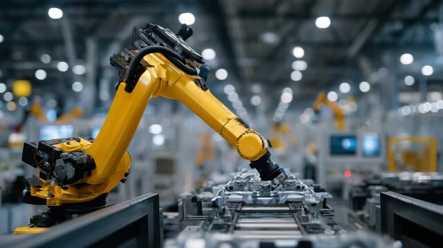 Precision robotic spray painting of metal parts in a modern automated factory, consistent coating thickness, minimal overspray, sleek machinery design, photorealistic industrial pr