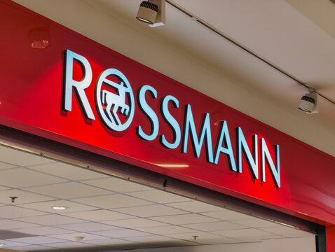 Prague, Czech Republic, March 19, 2026 &ndash; Exterior view of Rossmann store signage and logo at a shopping mall. Editorial photography of a retail shop entrance in the commercial district during business