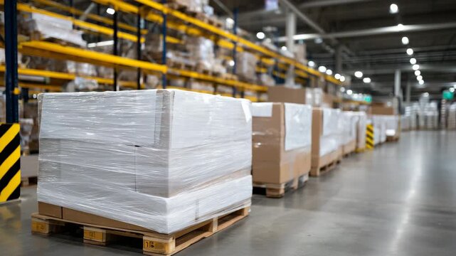 Rows of white-plastic-wrapped furniture pallets in a modern distribution center, clean concrete floors, bright lighting, industrial shelving in background, emphasis on organization