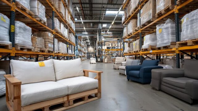 Rows of wooden and upholstered furniture in a large distribution warehouse, high shelves, labeled sections, bright lighting, modern organization and logistics focus