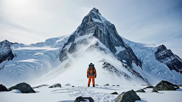 Mountain climber facing tall peak in cold weather concept. Adventure mountain climbing with backpacker exploring snowy rocky peaks in winter landscape