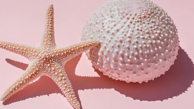 selective focus stylized flat lay of dried starfish and sea urchin shell