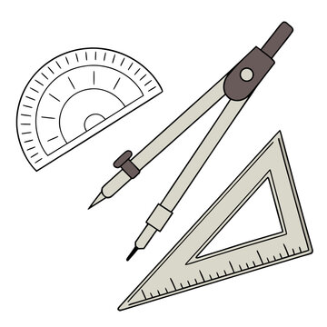 Colored compass, triangle and protractor tools stationery