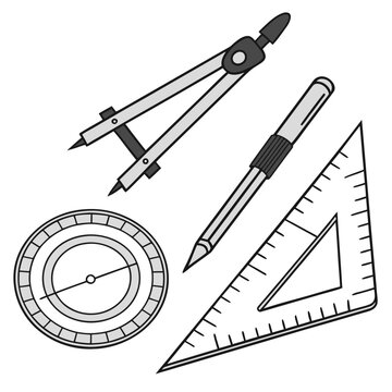 Compass, pencil, protractor and triangle tools