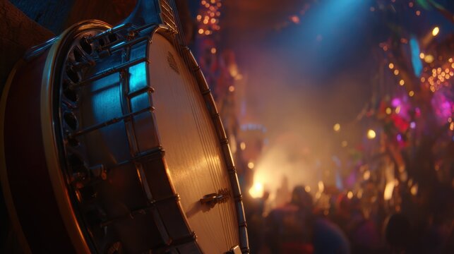 Close-up of a taut banjo head during a vibrant nighttime musical performance