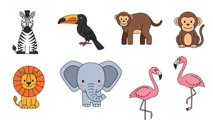 Fototapeta premium Animals including zebra, toucan, monkey, and others gathered in a wildlife setting.